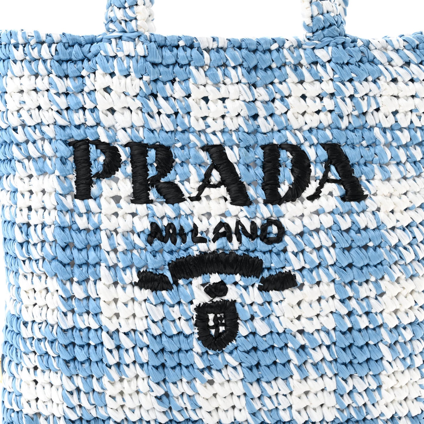Yarn Raffia Effect Crochet Embroidered Small Logo Tote Celeste
