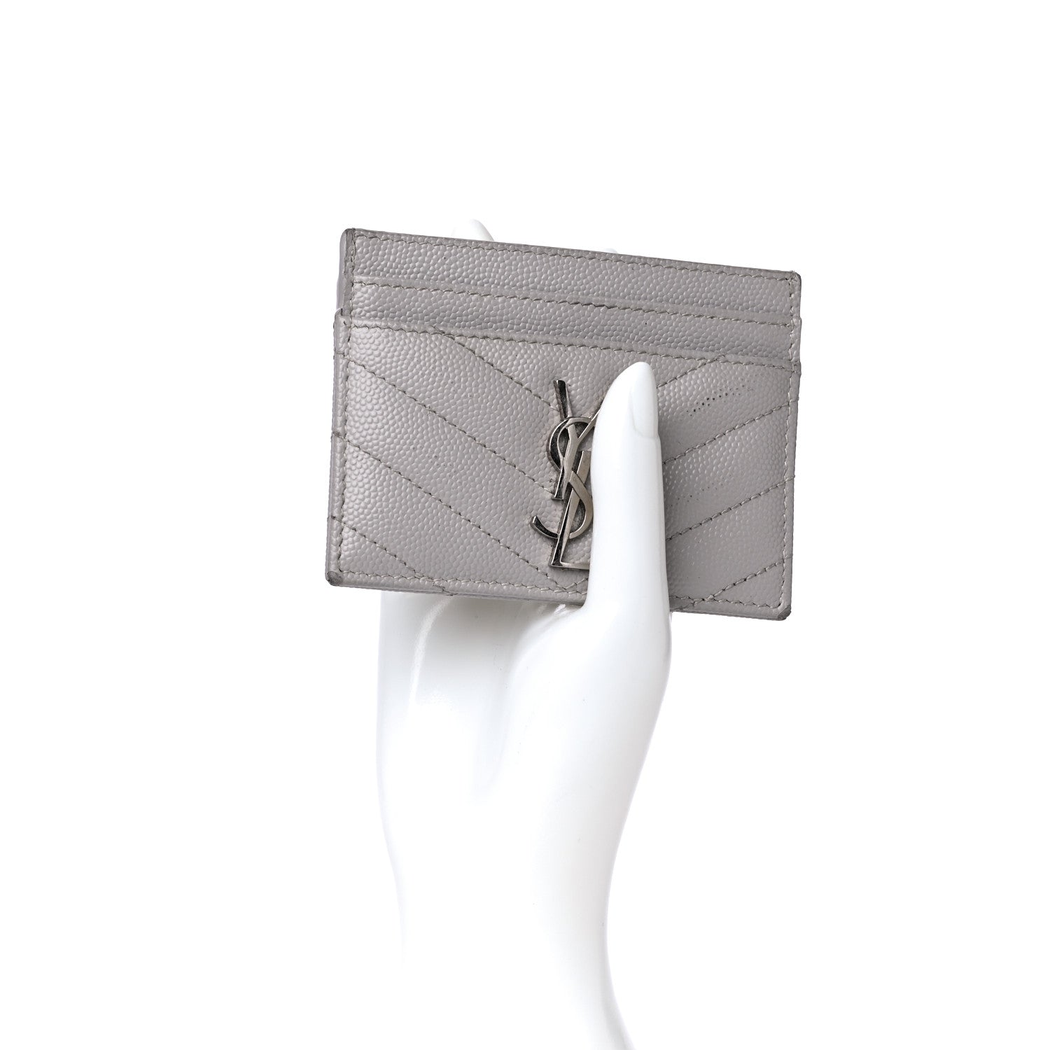 Saint Laurent Grain De Poudre Matelasse Chevron Monogram Credit Card Case Granite 2 of 7