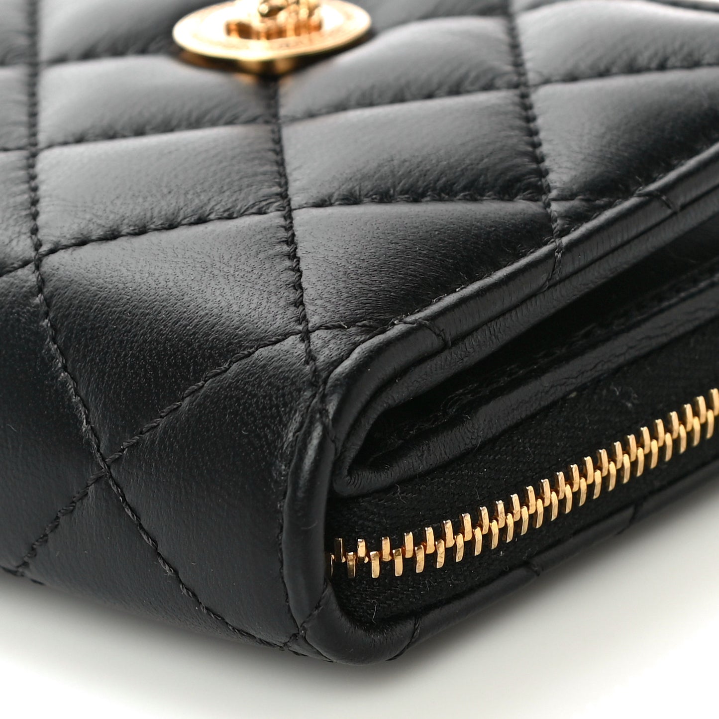 Nappa Quilted Medusa Compact Zip Around Wallet Black