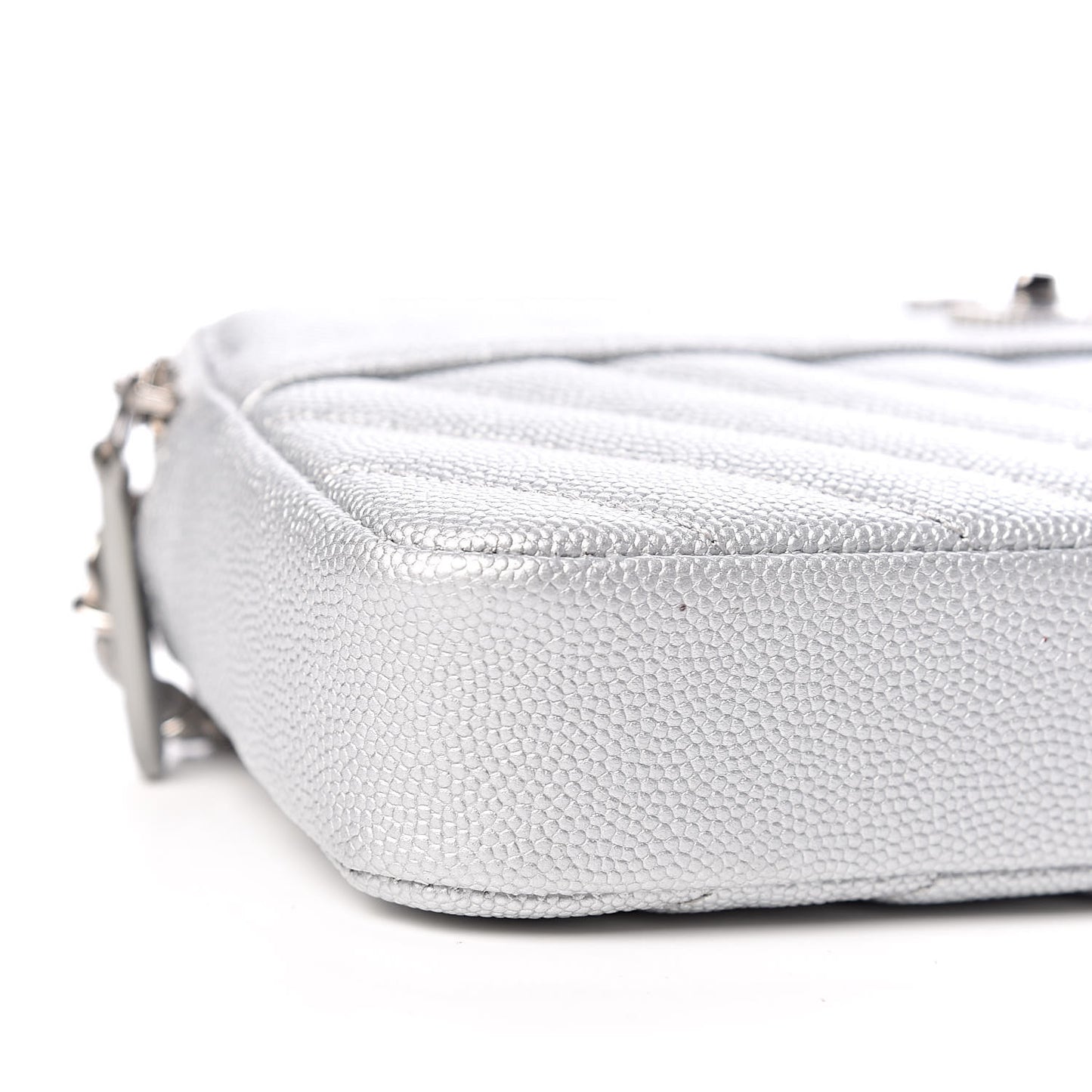 Metallic Caviar Chevron Quilted Small Vintage Mademoiselle Clutch With Chain Silver