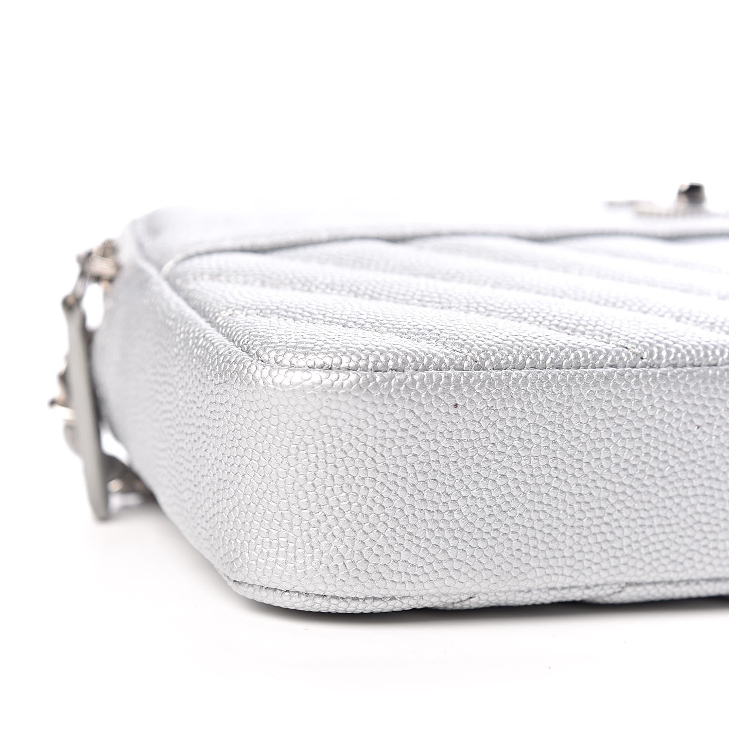 Chanel Metallic Caviar Chevron Quilted Small Vintage Mademoiselle Clutch With Chain Silver 5 of 13