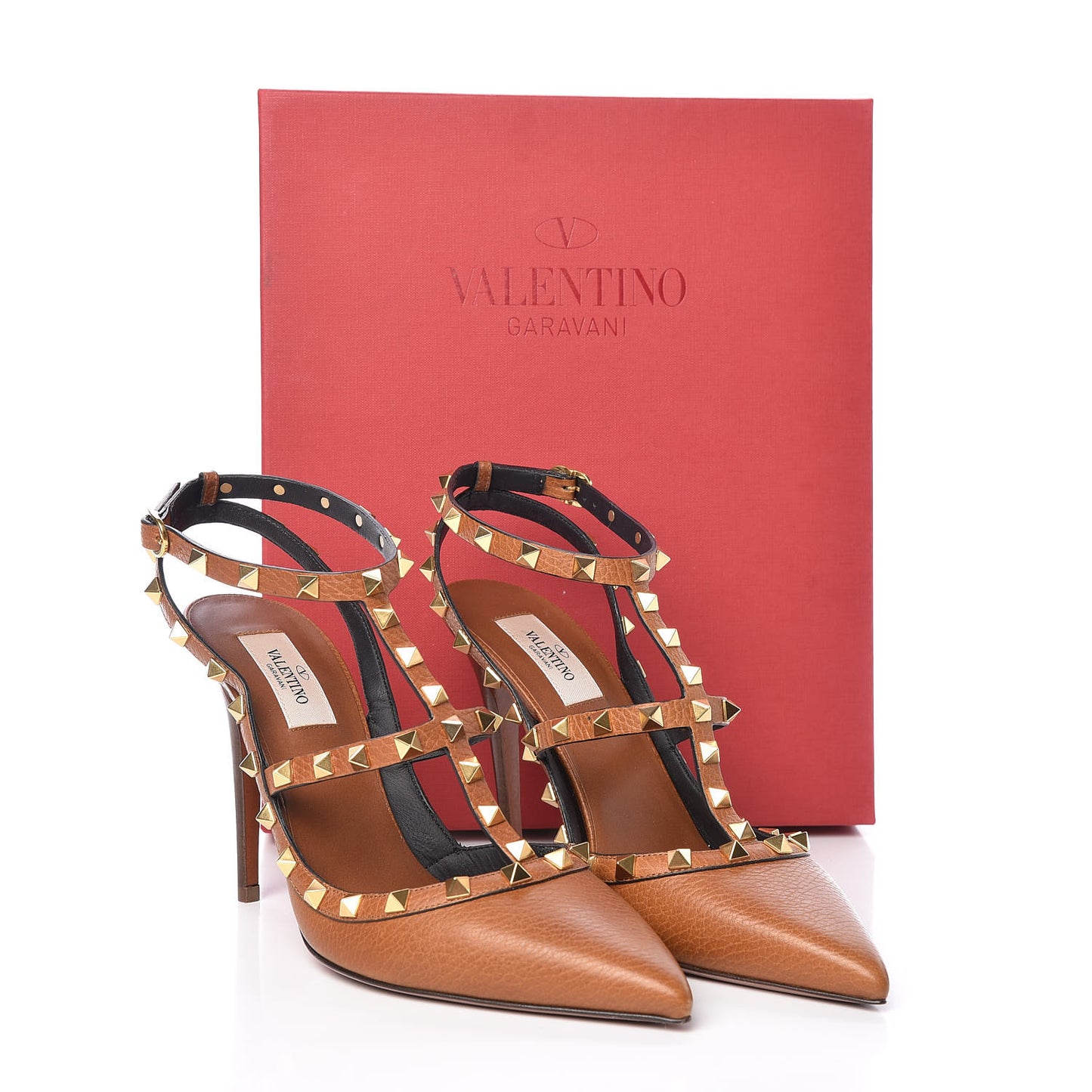 Pebbled Calfskin Rockstud Ankle Strap 100mm Pumps 40 Cuoio