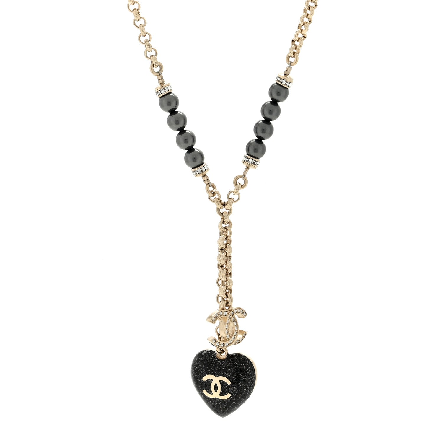 Chanel Resin Crystal Bead CC Heart Necklace Black Gold 1 of 4