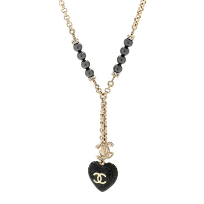 Chanel Resin Crystal Bead CC Heart Necklace Black Gold 1 of 4