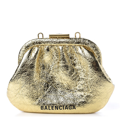 Balenciaga Metallic Textured Calfskin Logo Cloud Coin Purse With Strap Gold 4 of 14