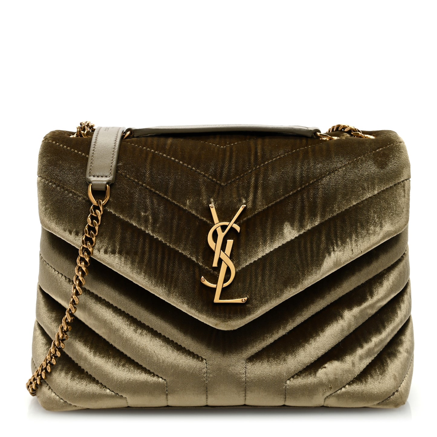 Velvet Y Quilted Monogram Small Loulou Chain Satchel Dark Vintage Olive