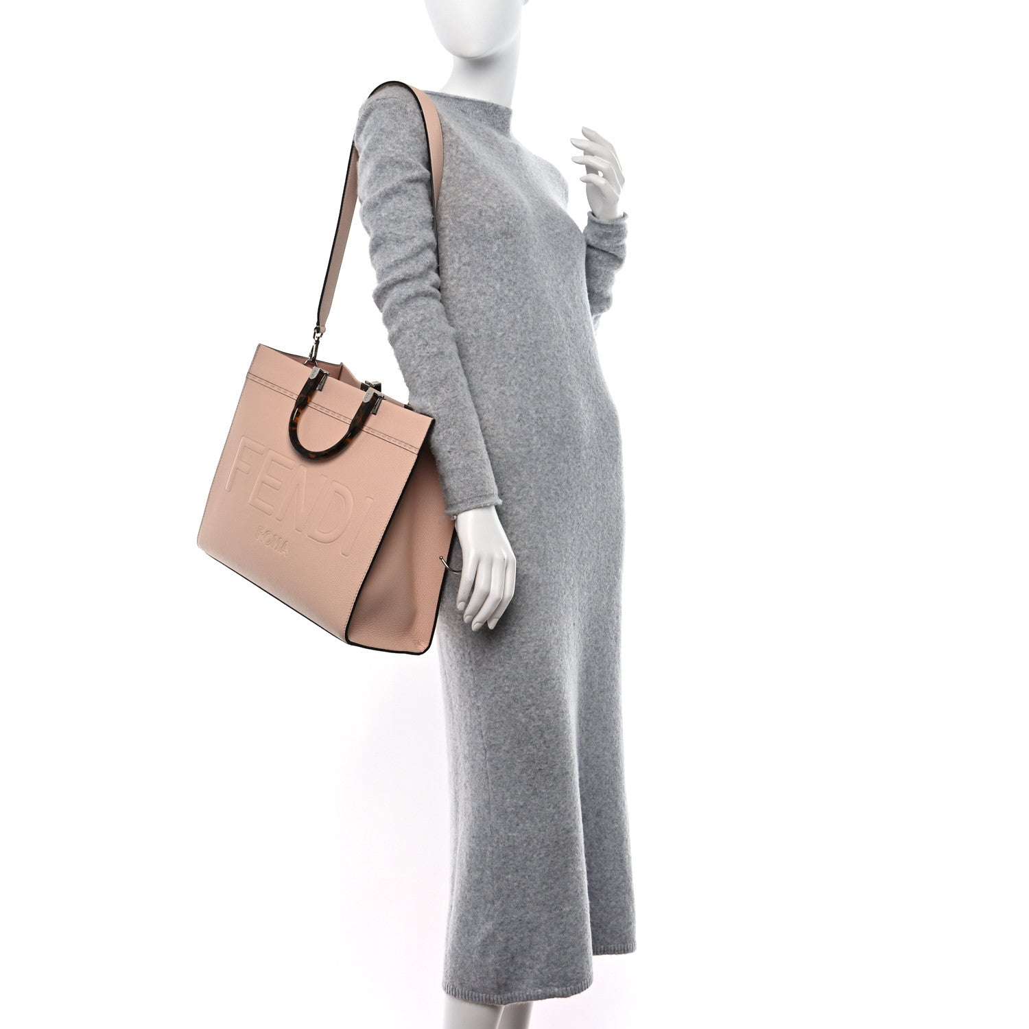 Fendi Vitello Cher Plexiglass Logo Debossed Medium Fendi Sunshine Shopper Tote Light Rose 2 of 9