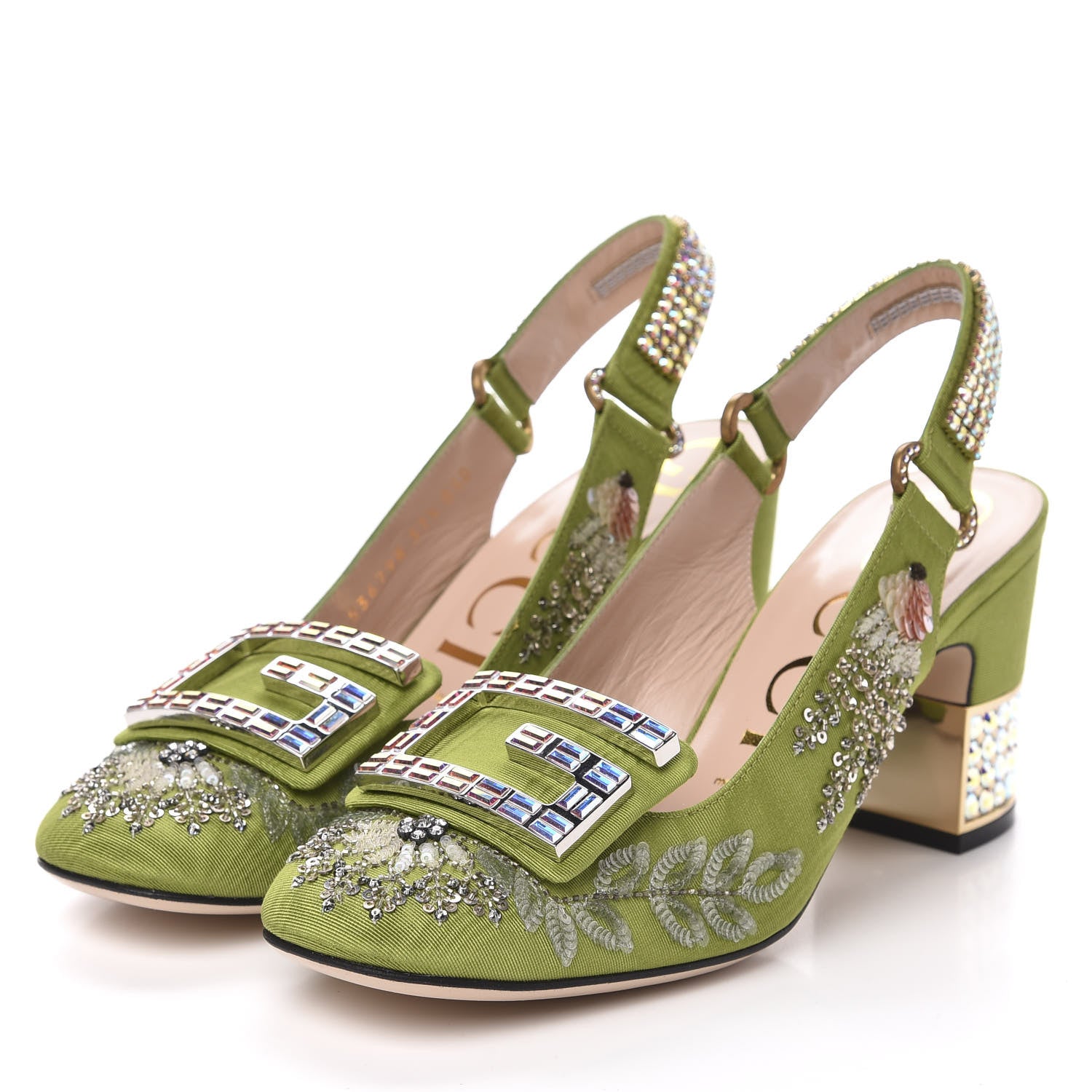 Gucci Moire Fabric Eyes Crystal Square G Madelyn Slingbacks 37.5 Lemon Leaf 3 of 11