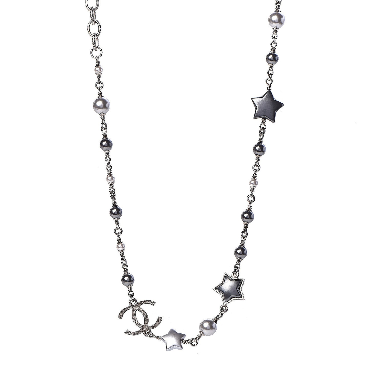 Metal Resin Pearl Star CC Necklace Silver