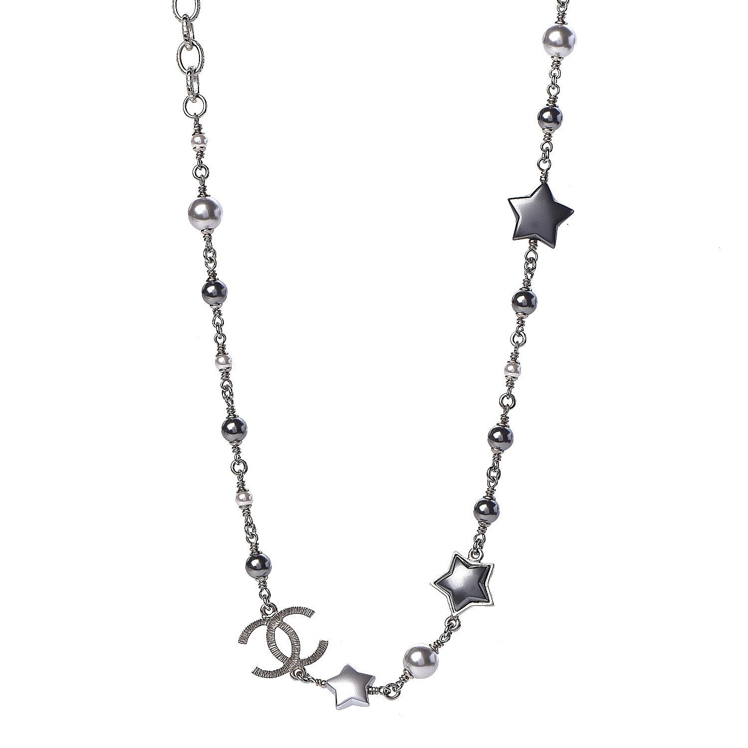 Chanel Metal Resin Pearl Star CC Necklace Silver 1 of 6