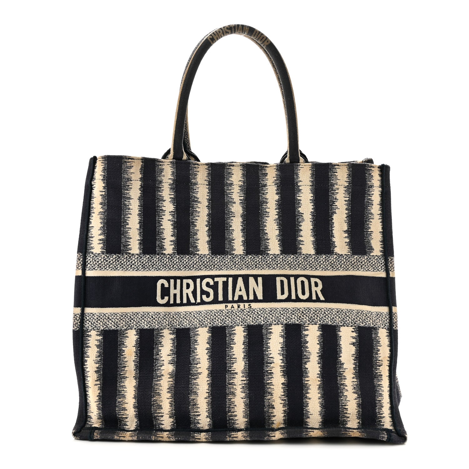 Christian Dior Canvas Embroidered Large Striped Book Tote Navy 1 of 14
