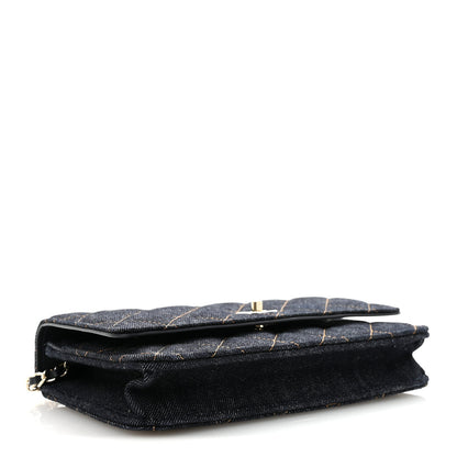 Chanel Denim Quilted CC Turnlock Wallet On Chain WOC Dark Blue Orange 4 of 12