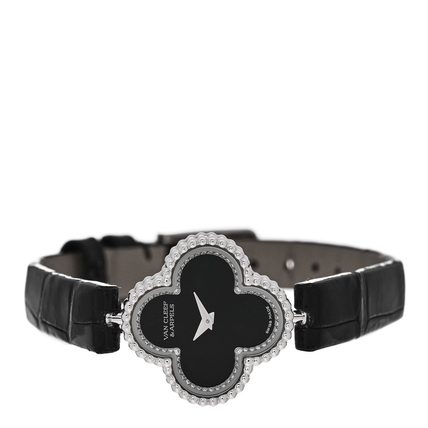 18K White Gold Alligator Diamond Bezel 23mm Sweet Alhambra Quartz Watch Black