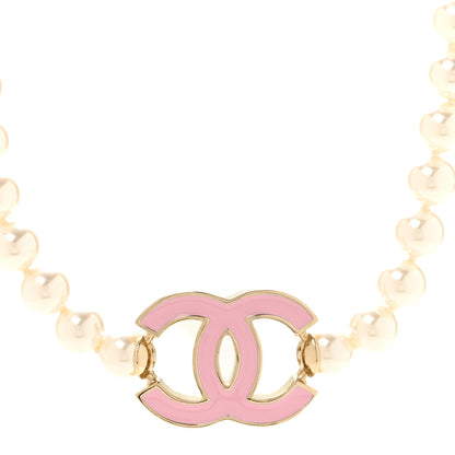 Chanel Pearl Enamel CC Choker Necklace Gold White Pink 4 of 6