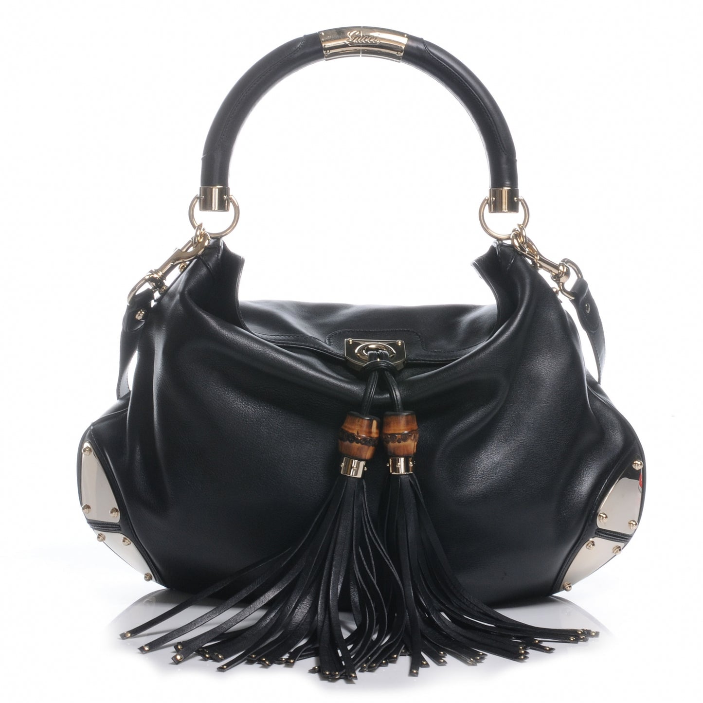 Leather Large Indy Top Handle Tassel Hobo Black