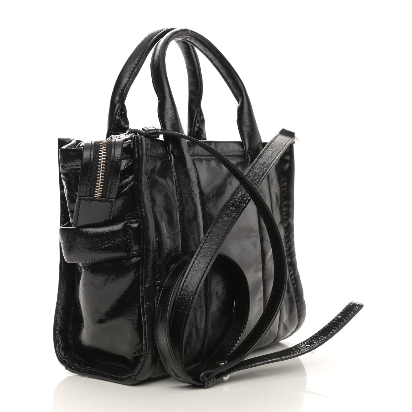 Shiny Crinkled Calfskin Small The Tote Bag Black