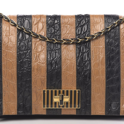 Fendi Calfskin Crocodile Embossed Striped Claudia Large Shoulder Bag Black 11 of 11