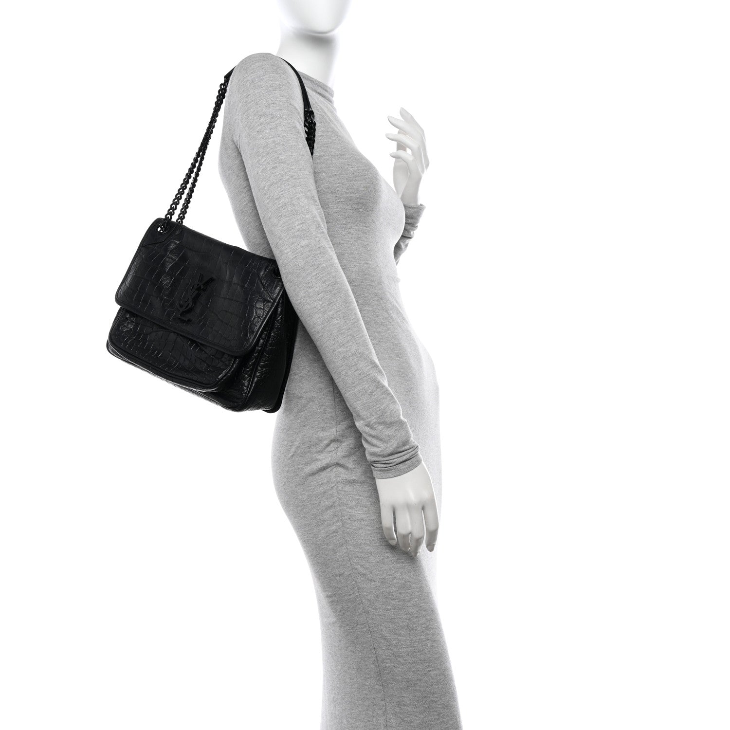 Saint Laurent Crinkled Calfskin Crocodile Embossed Monogram Medium Niki Chain Satchel Black 2 of 11
