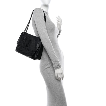 Saint Laurent Crinkled Calfskin Crocodile Embossed Monogram Medium Niki Chain Satchel Black 2 of 11