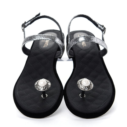 Chanel Metallized Goatskin Pearl CC Thong Sandals 37.5 Silver 5 of 10