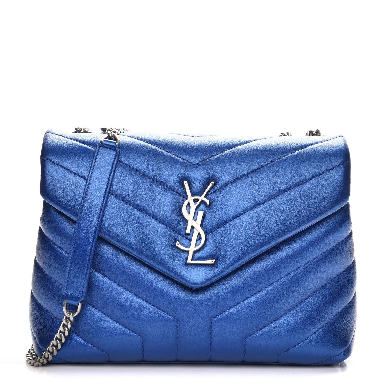 Metallic Calfskin Y Quilted Monogram Small Loulou Chain Satchel Blue Royal