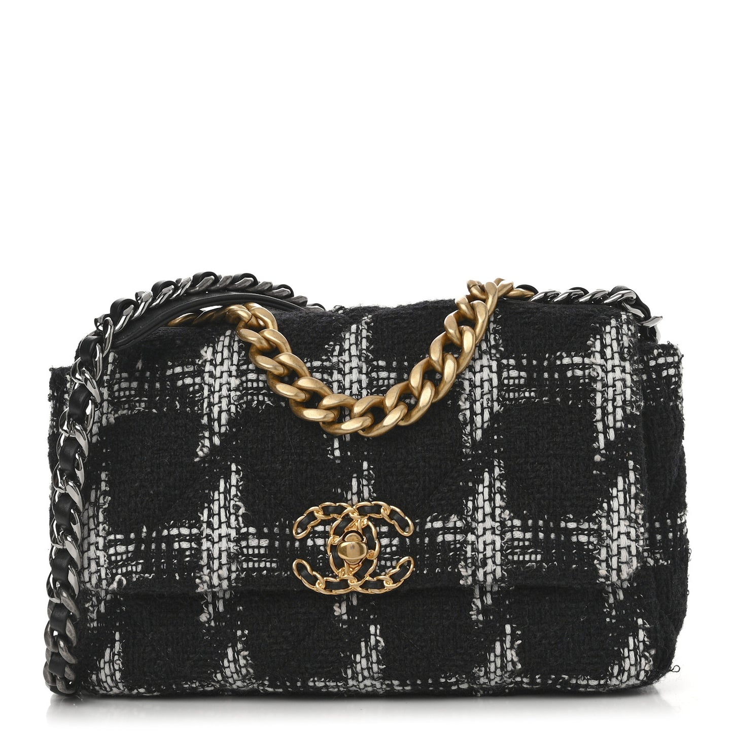 Tweed Houndstooth Quilted Medium Chanel 19 Flap Black White