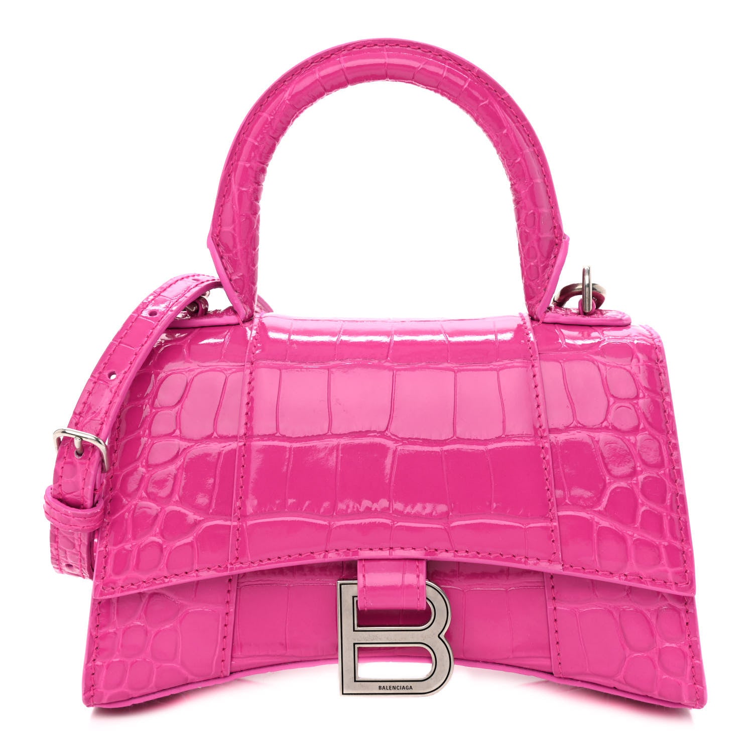 Balenciaga Shiny Calfskin Crocodile Embossed Hourglass Top Handle Bag XS Lipstick Pink 1 of 11