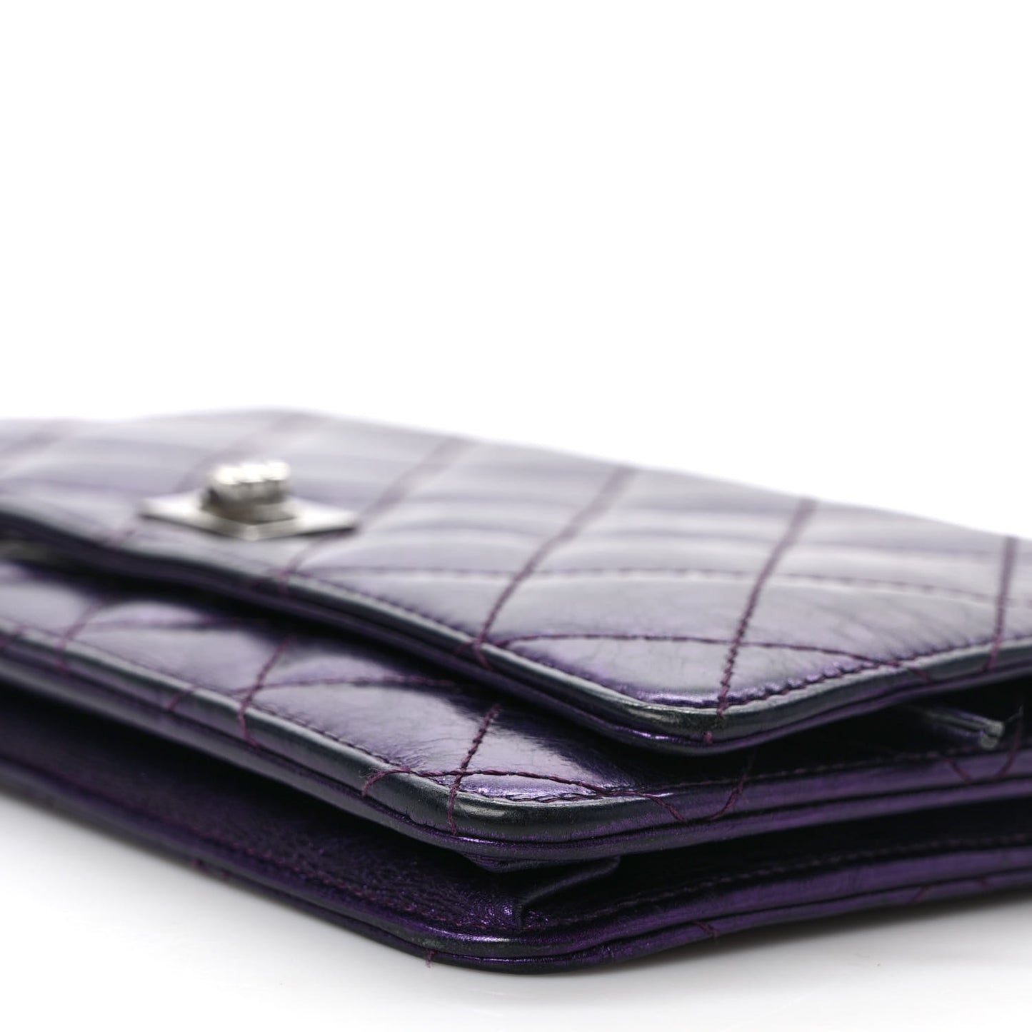 Metallic Aged Calfskin Quilted 2.55 Reissue Wallet on Chain WOC Purple
