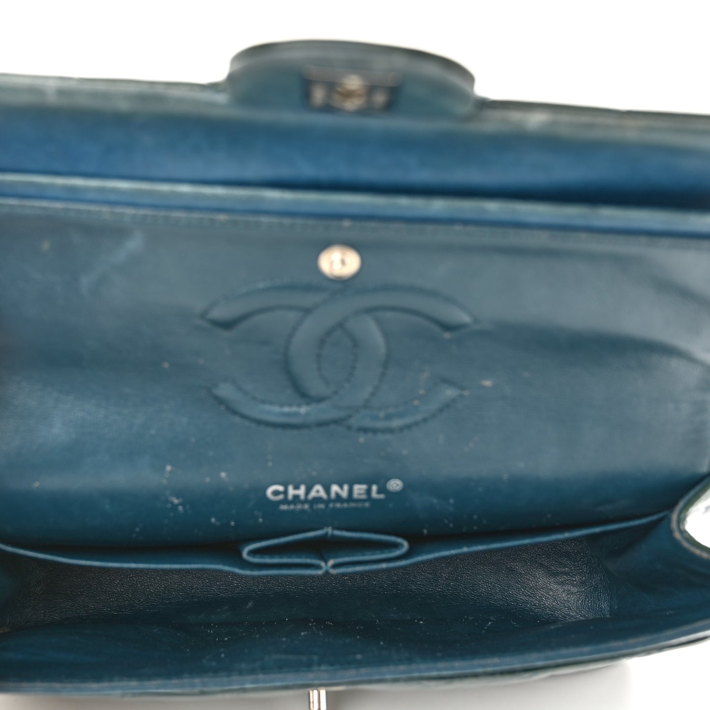 Patent Calfskin Quilted Medium Double Flap Green