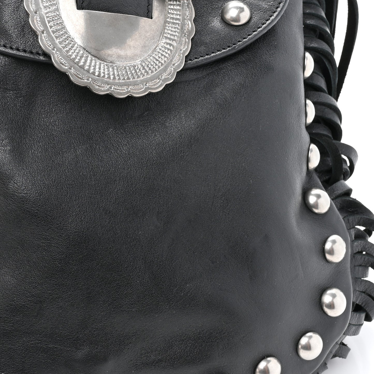 Calfskin Fringe Small Studded Anita Crossbody Bag Black