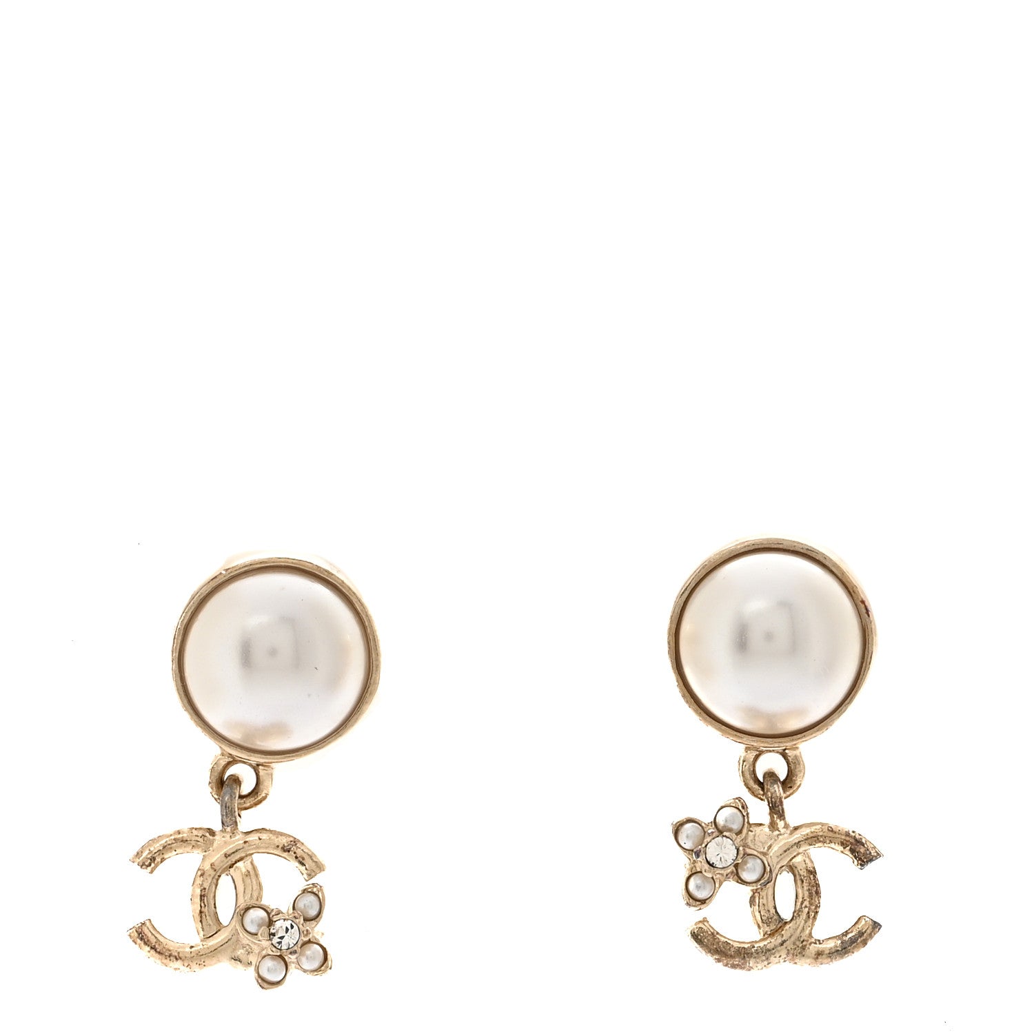 Chanel Pearl Crystal CC Flower Drop Earrings Gold Pearly White 1 of 5