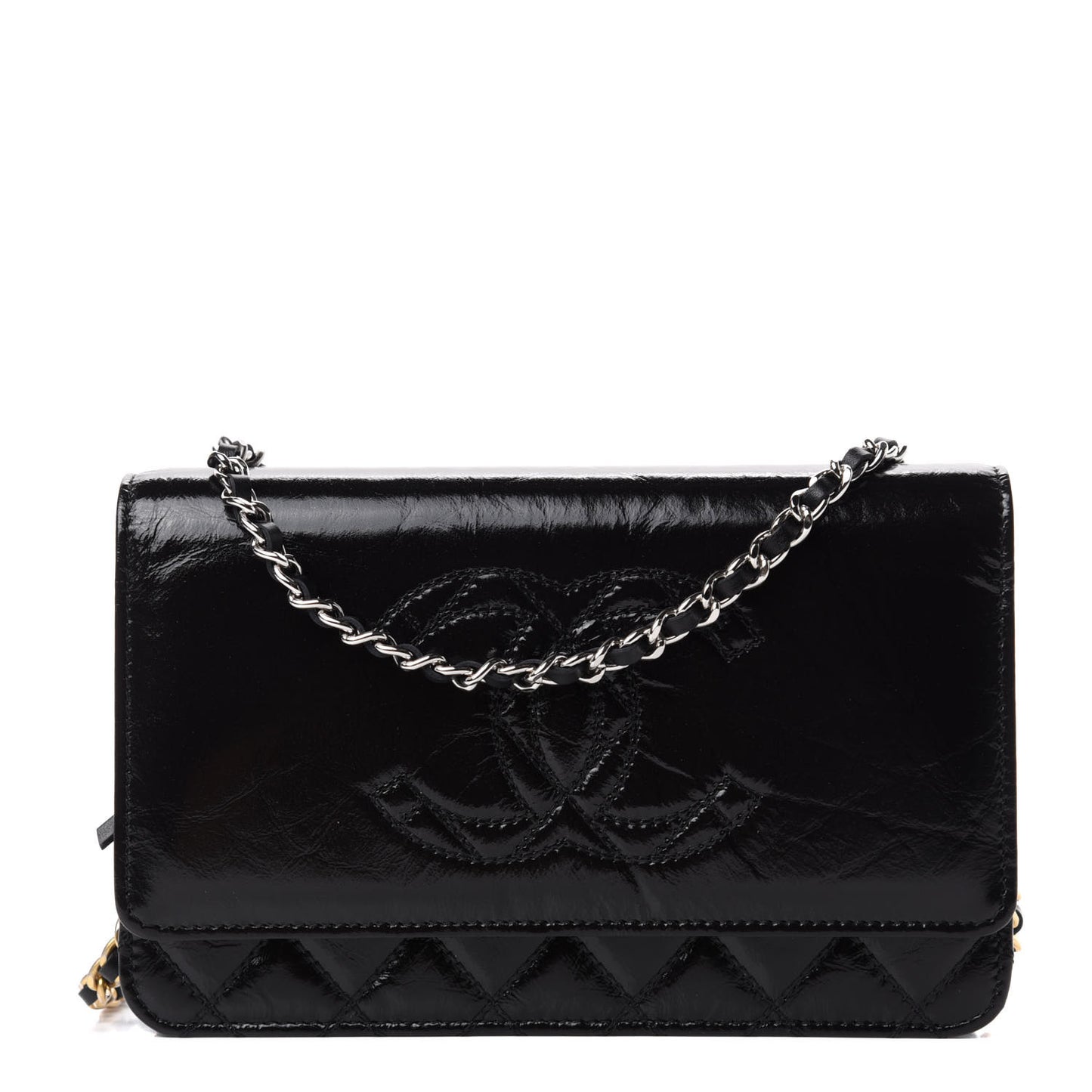 Shiny Aged Calfskin Quilted CC Wallet On Chain WOC Black