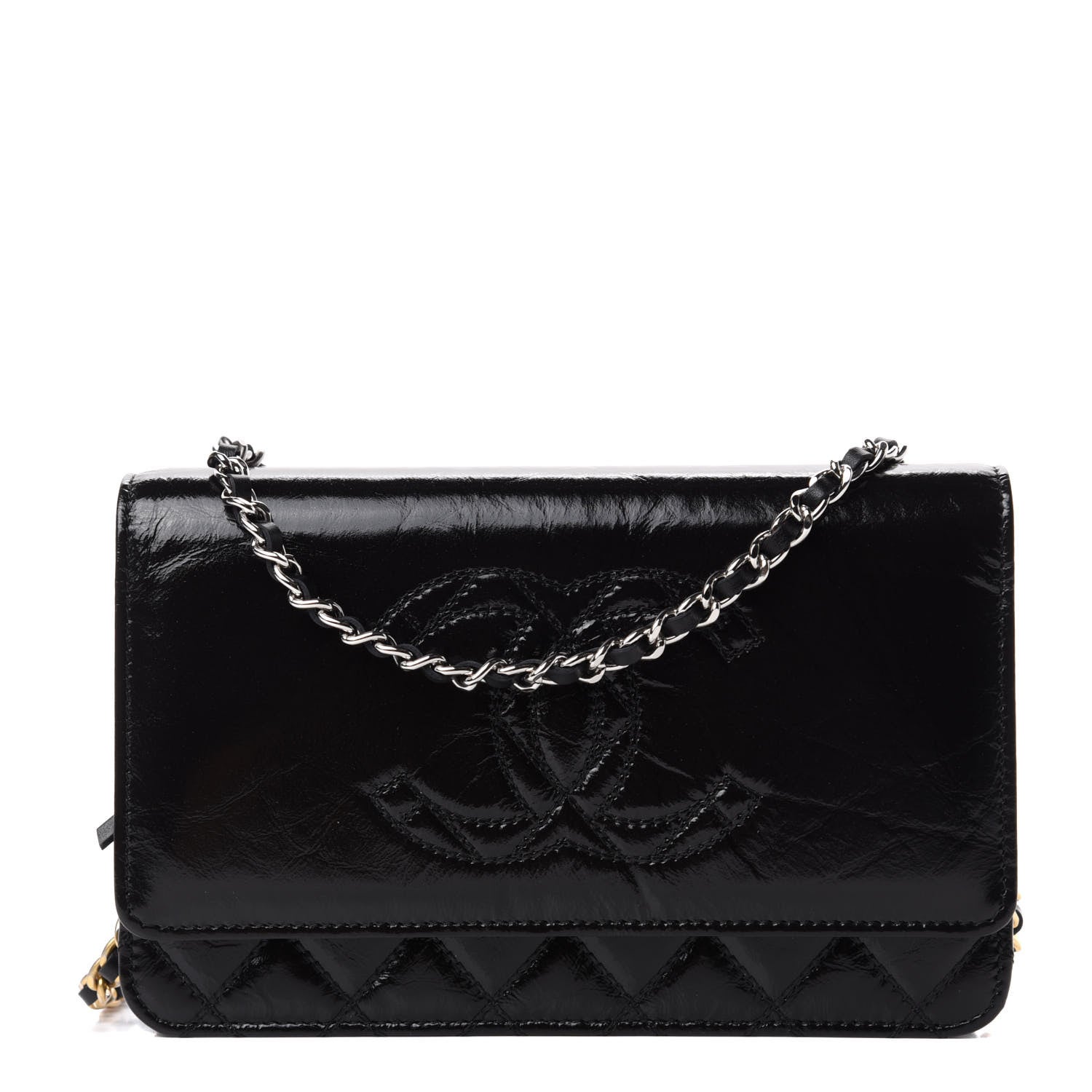 Chanel Shiny Aged Calfskin Quilted CC Wallet On Chain WOC Black 1 of 8