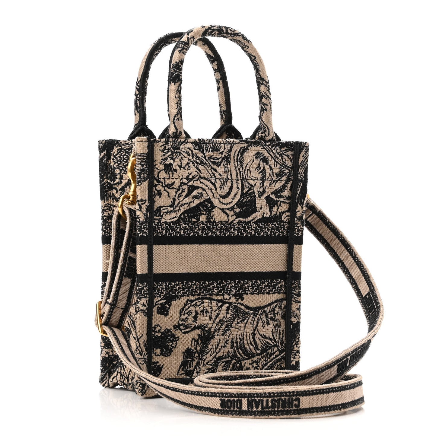 Canvas Toile de Jouy Embroidered Mini Book Tote Phone Bag Beige Black