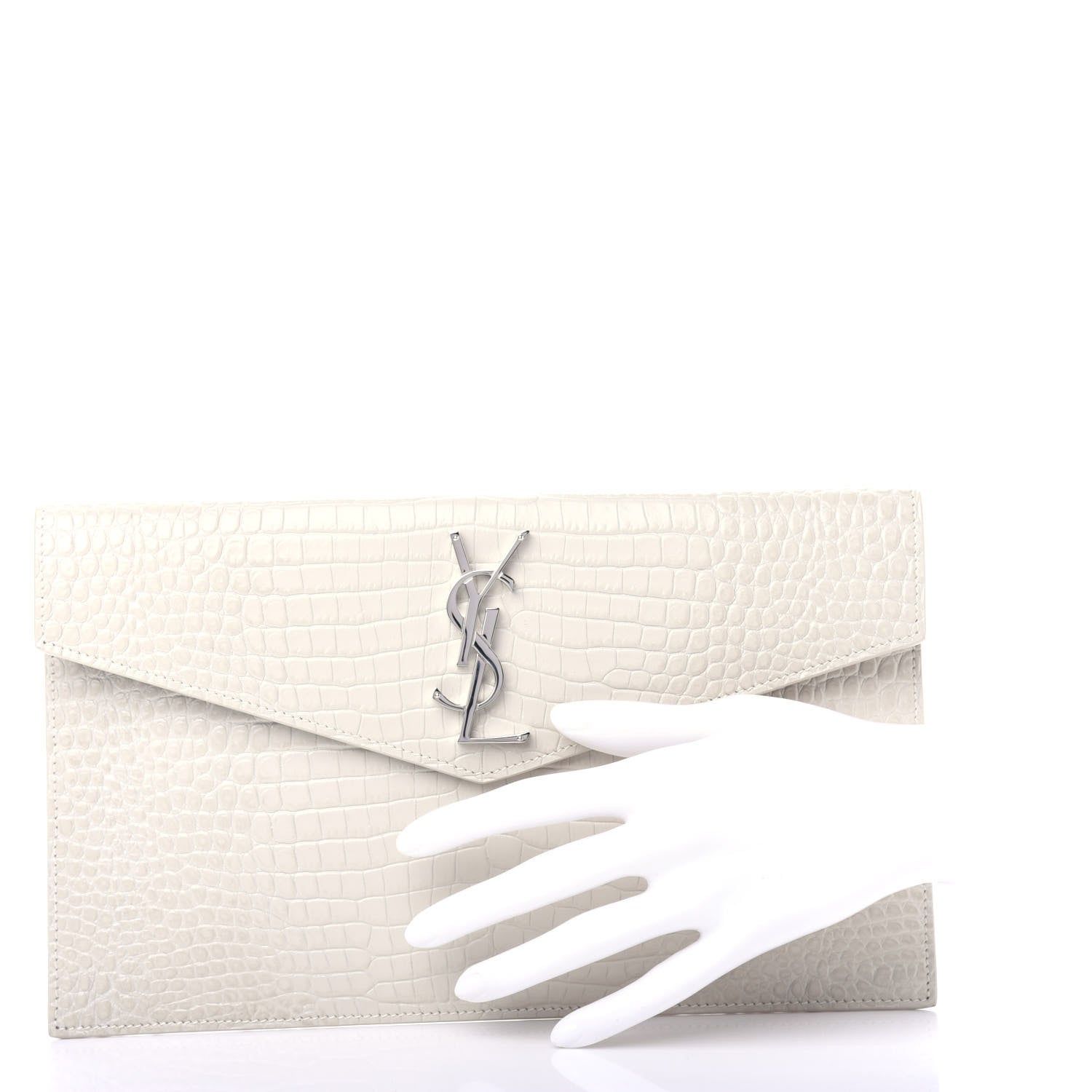 Saint Laurent Calfskin Crocodile Embossed Uptown Monogram Pouch Crema Soft 2 of 8