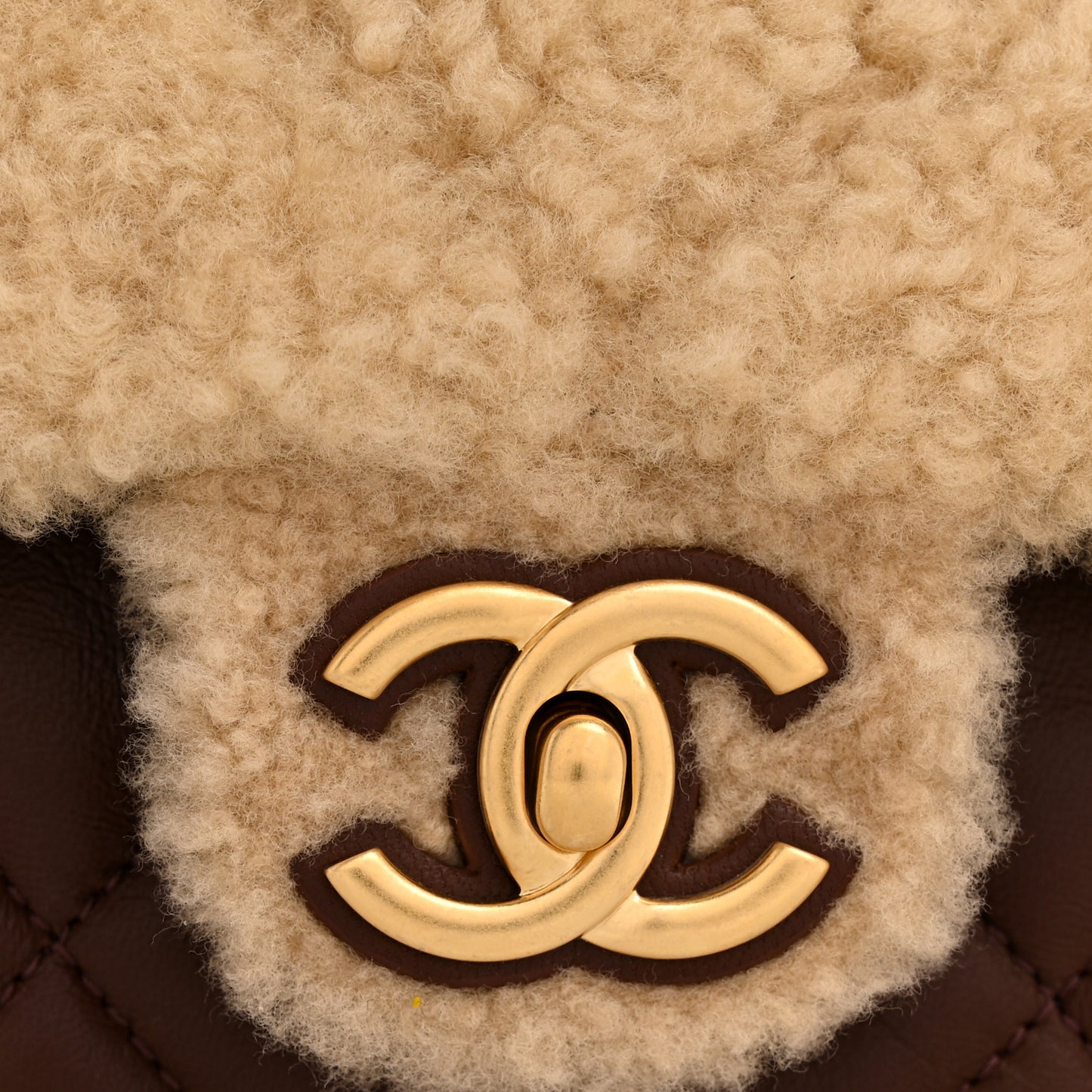 Shearling Lambskin Quilted Furry Coco Flap Beige Dark Brown