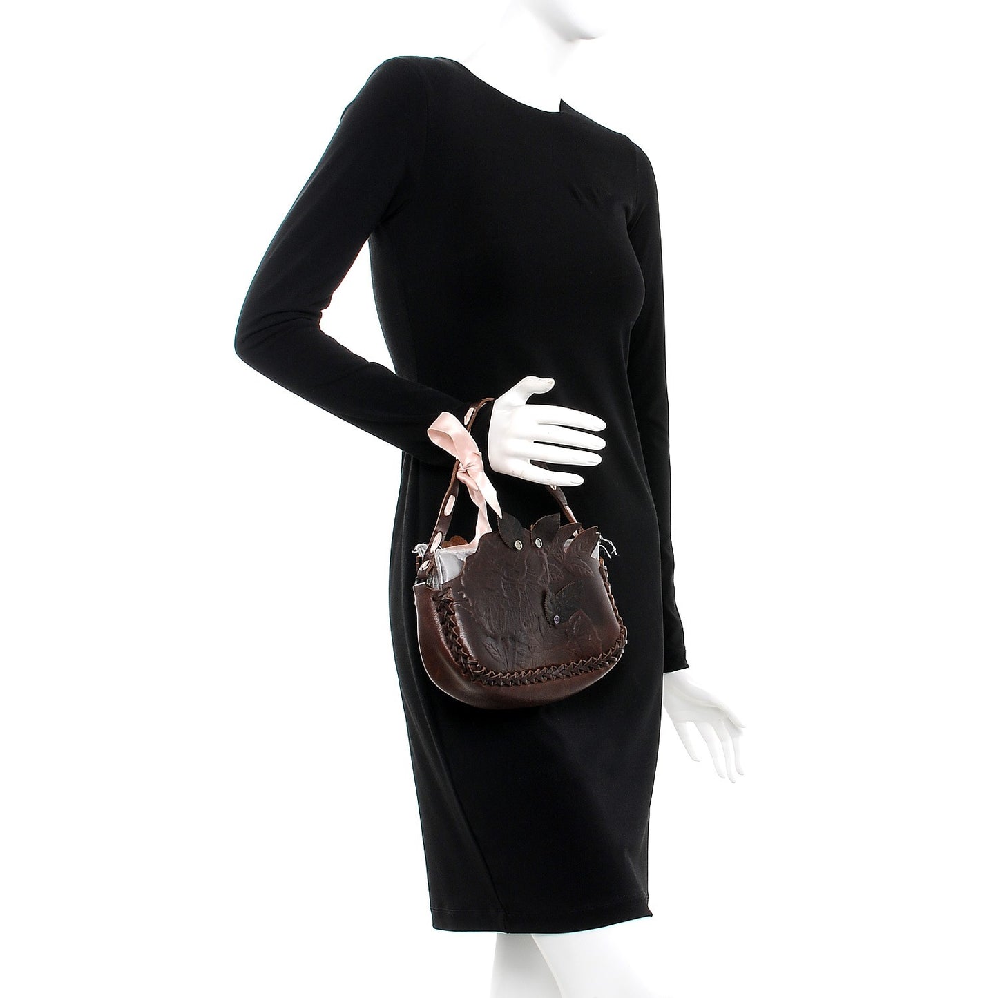 Calfskin Braided Bow Flower Floral Shoulder Bag Brown
