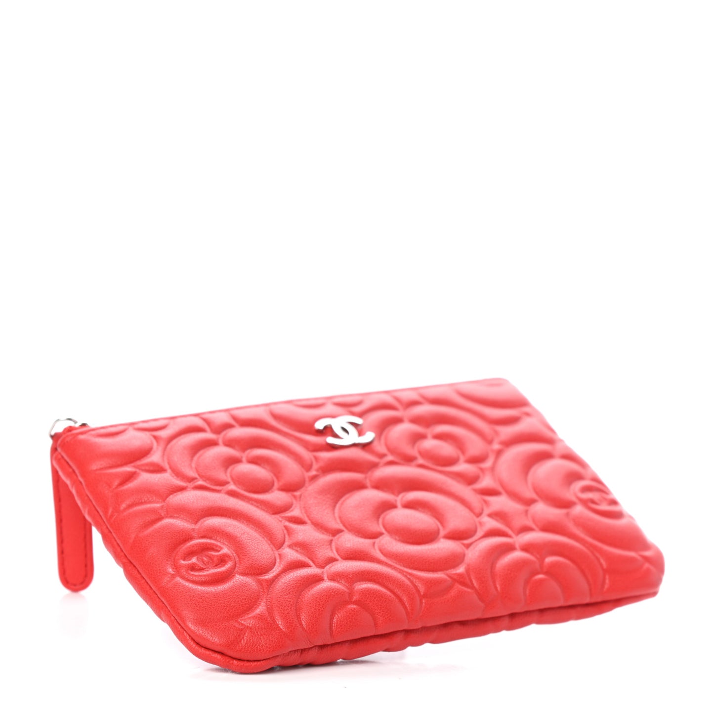 Goatskin Camellia Embossed Cosmetic Pouch Red