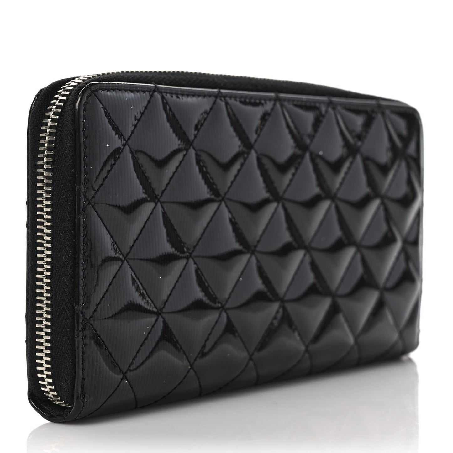Striated Patent Zip Around Wallet Black