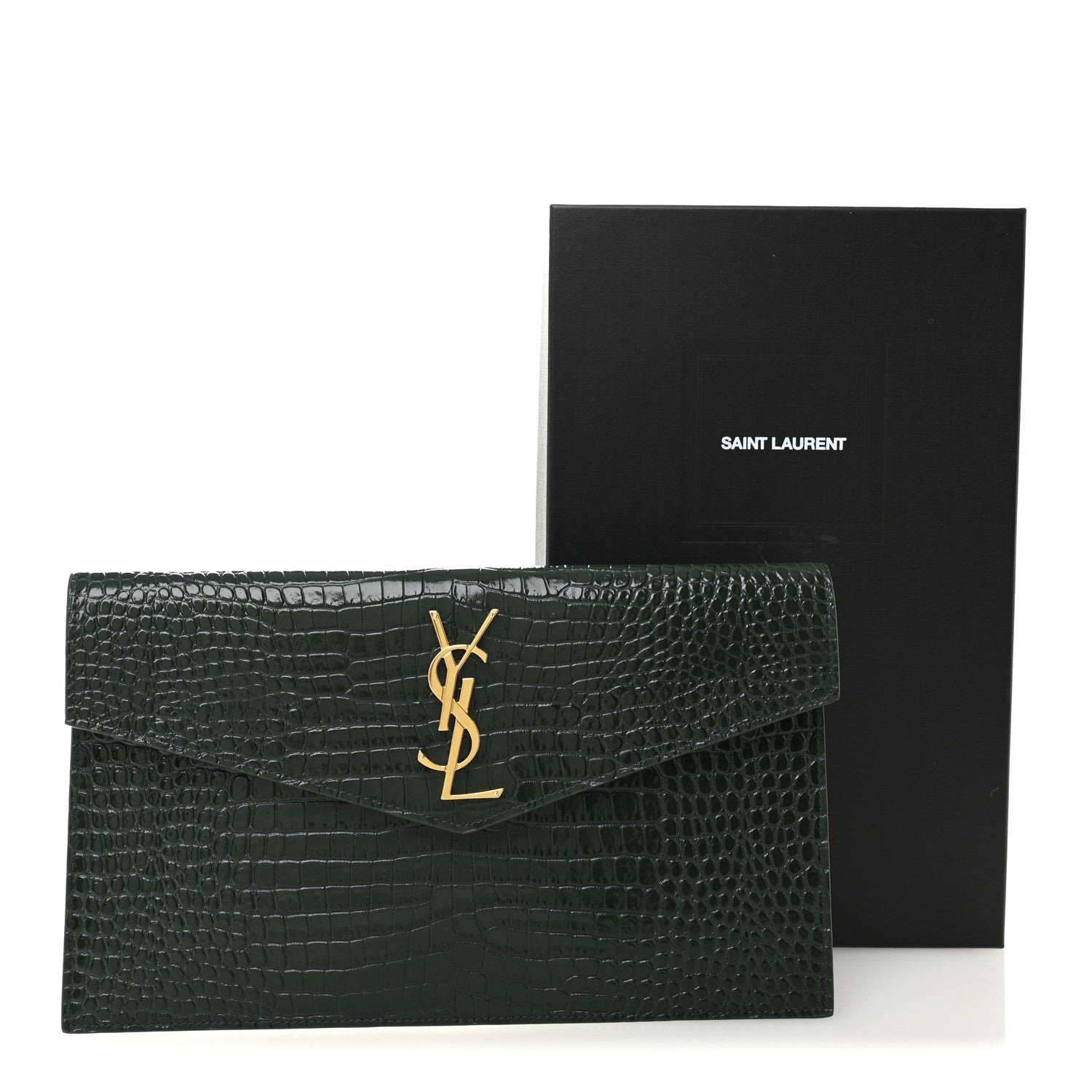 Saint Laurent Calfskin Crocodile Embossed Uptown Monogram Clutch Dark Green 7 of 7