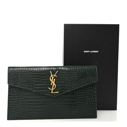 Saint Laurent Calfskin Crocodile Embossed Uptown Monogram Clutch Dark Green 7 of 7