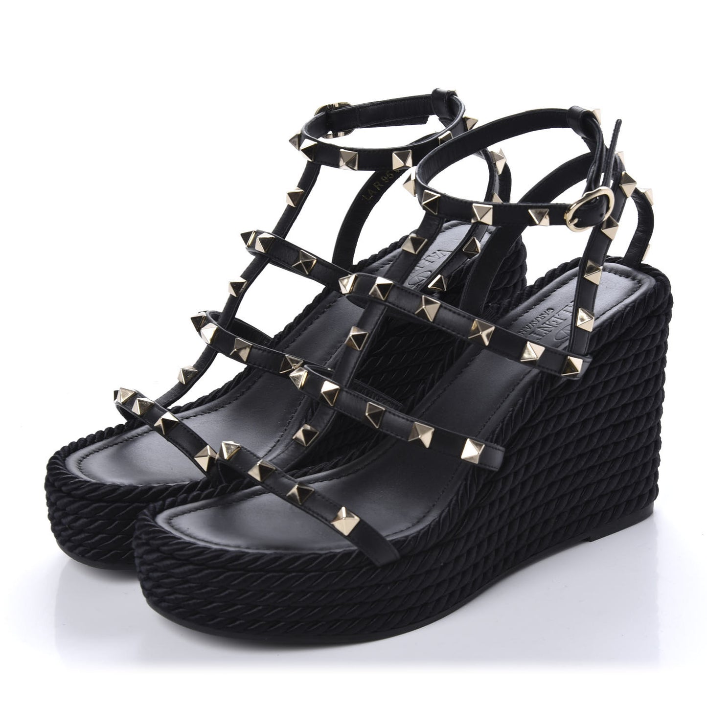 Calfskin Rockstud Ankle Strap Torchon Espadrille Caged 25/95mm Wedge Sandals 37 Black