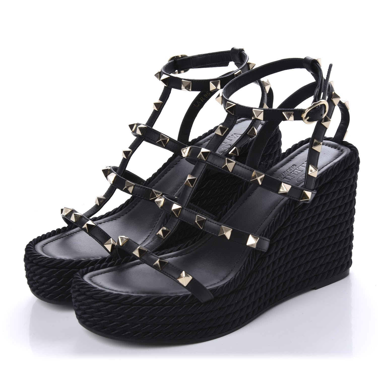 Valentino Garavani Calfskin Rockstud Ankle Strap Torchon Espadrille Caged 25/95mm Wedge Sandals 37 Black 3 of 10