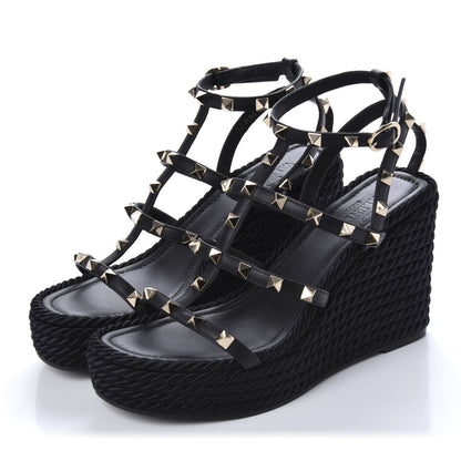 Valentino Garavani Calfskin Rockstud Ankle Strap Torchon Espadrille Caged 25/95mm Wedge Sandals 37 Black 3 of 10