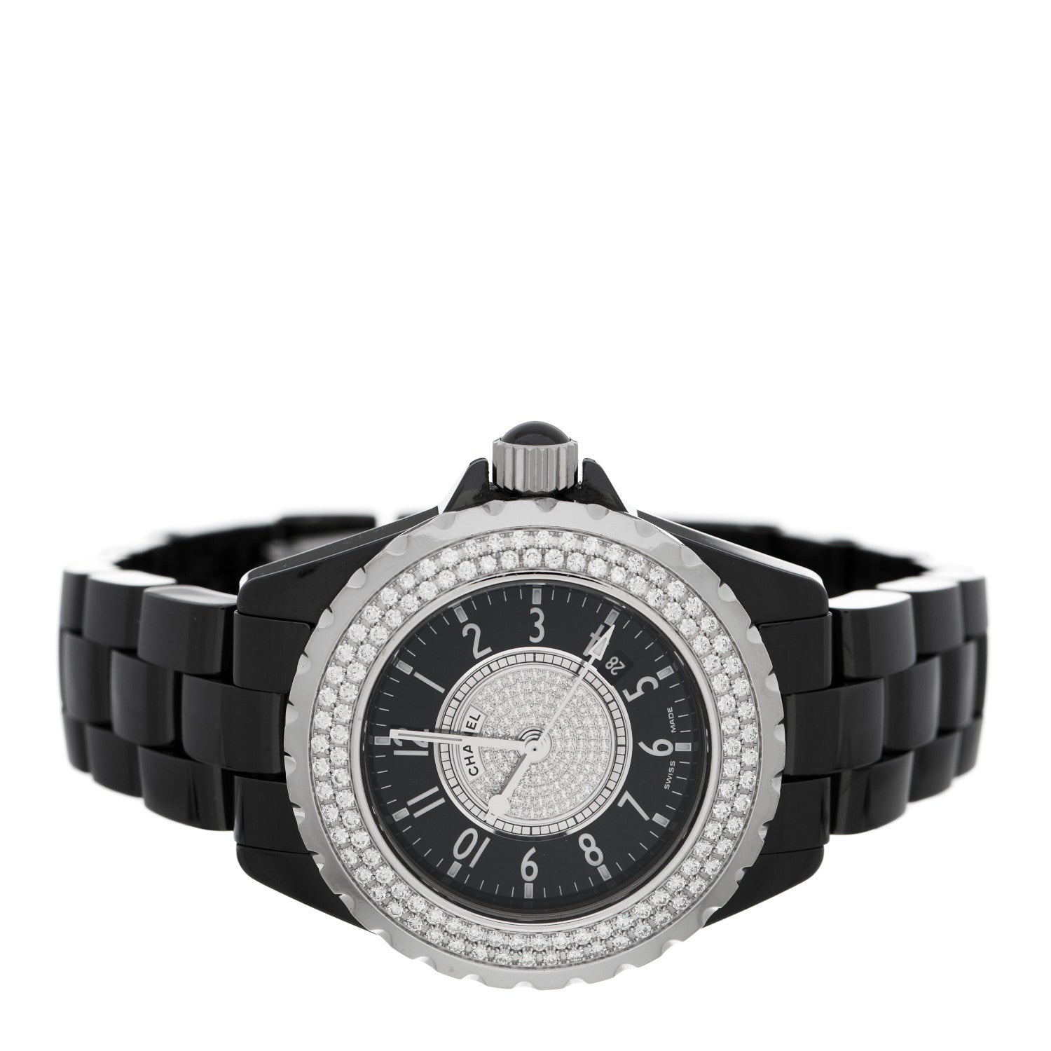 Chanel Stainless Steel Ceramic Diamond Pave Bezel Dial 33mm J12 Quartz Watch Black 2 of 5