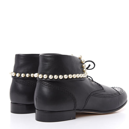 Chanel Lambskin Patent Calfskin Pearl Lace Up Boots 39.5 Black 4 of 11