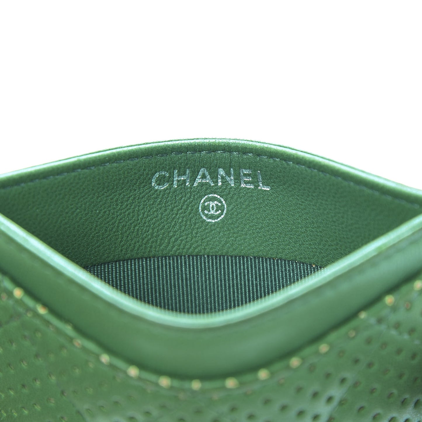 Perforated Lambskin Quilted Card Holder Green
