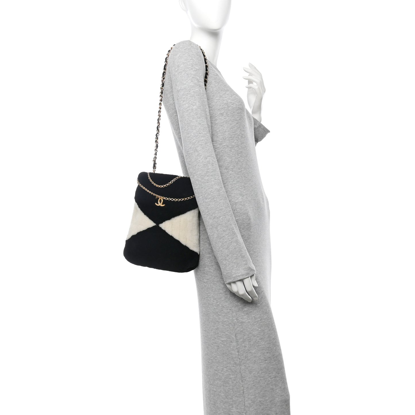 Shearling Checkered Drawstring Bag White Black