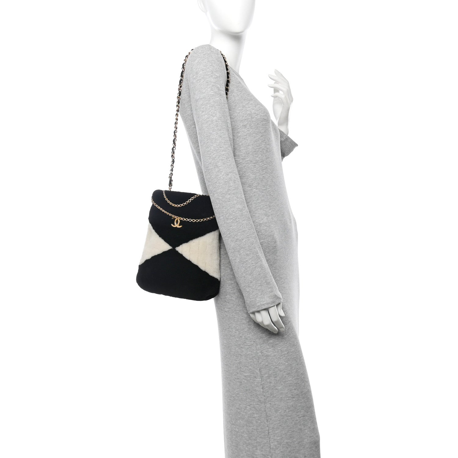 Chanel Shearling Checkered Drawstring Bag White Black 3 of 10