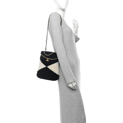 Chanel Shearling Checkered Drawstring Bag White Black 3 of 10